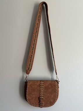 Faux Suede Woven Trim Brown Saddle Bag - Women's Crossbody